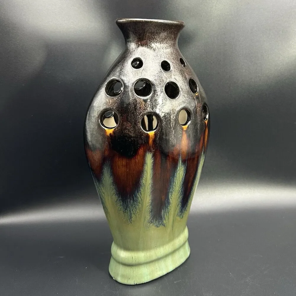 Vintage Sculptural Pierced Ceramic Vase Brutalist Ikebana Scandinavian Decor